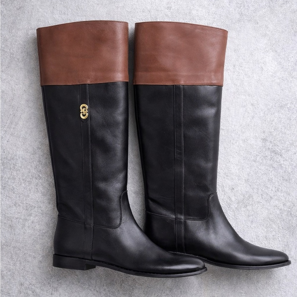 Cole Haan Black & Brown Leather Riding Boots Gold Logo Tall Boots Size 9B